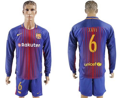 Barcelona #6 Xavi Home Long Sleeves Soccer Club Jersey